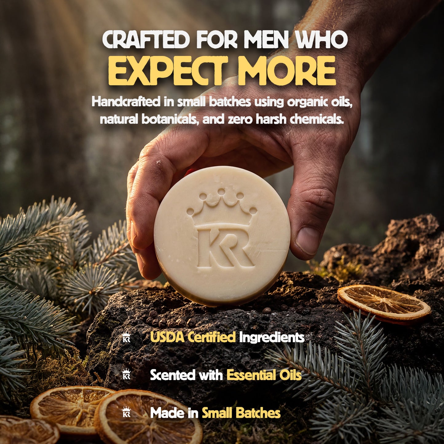 Hand holding a bar of soap with branding, surrounded by natural elements and text about product features.