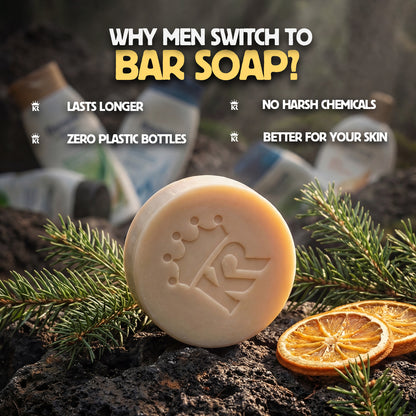 Bar of soap with a brand logo on a natural background with text about switching to bar soap.
