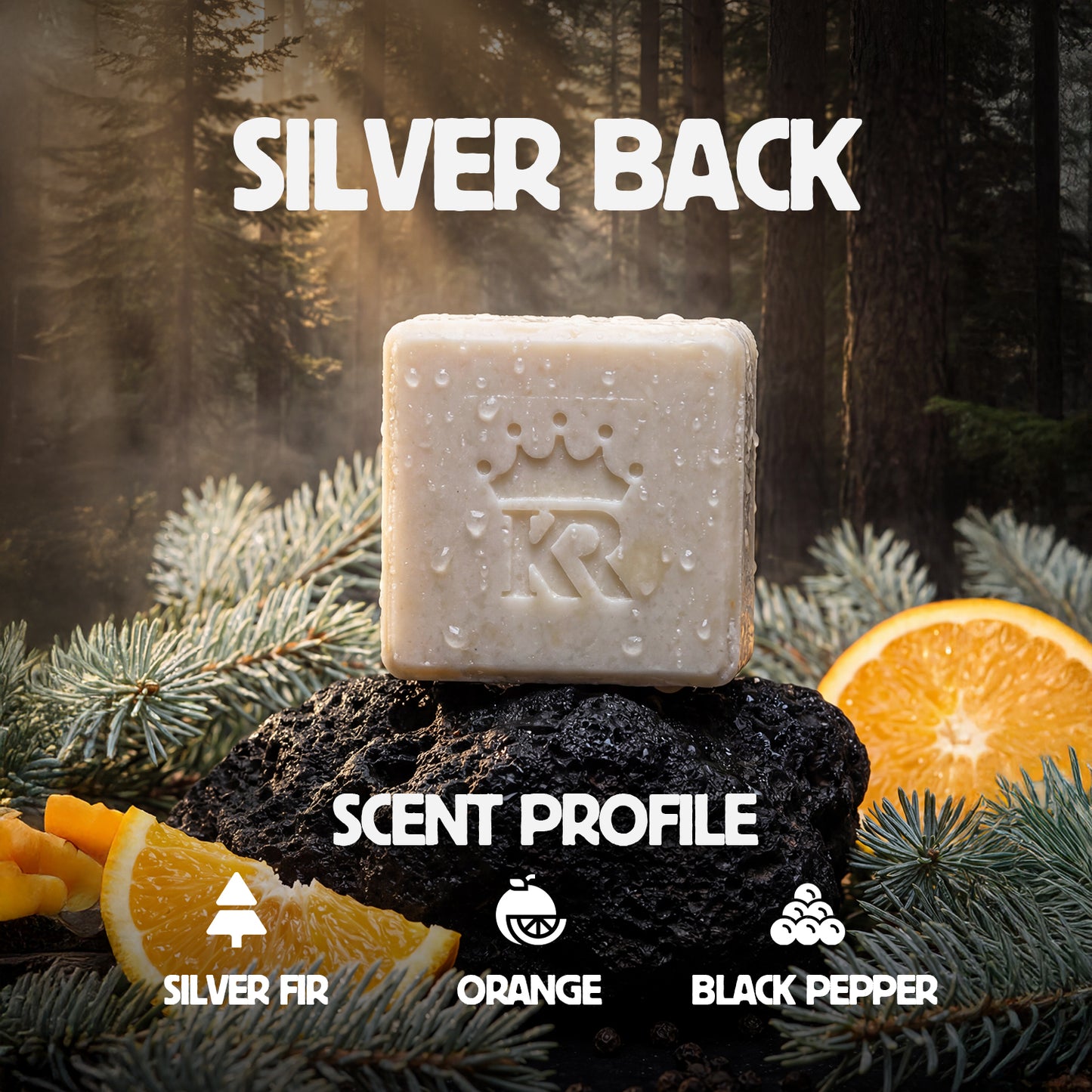 Bar of soap on a rock with oranges and tree branches, labeled 'Silver Back' and 'KR'.