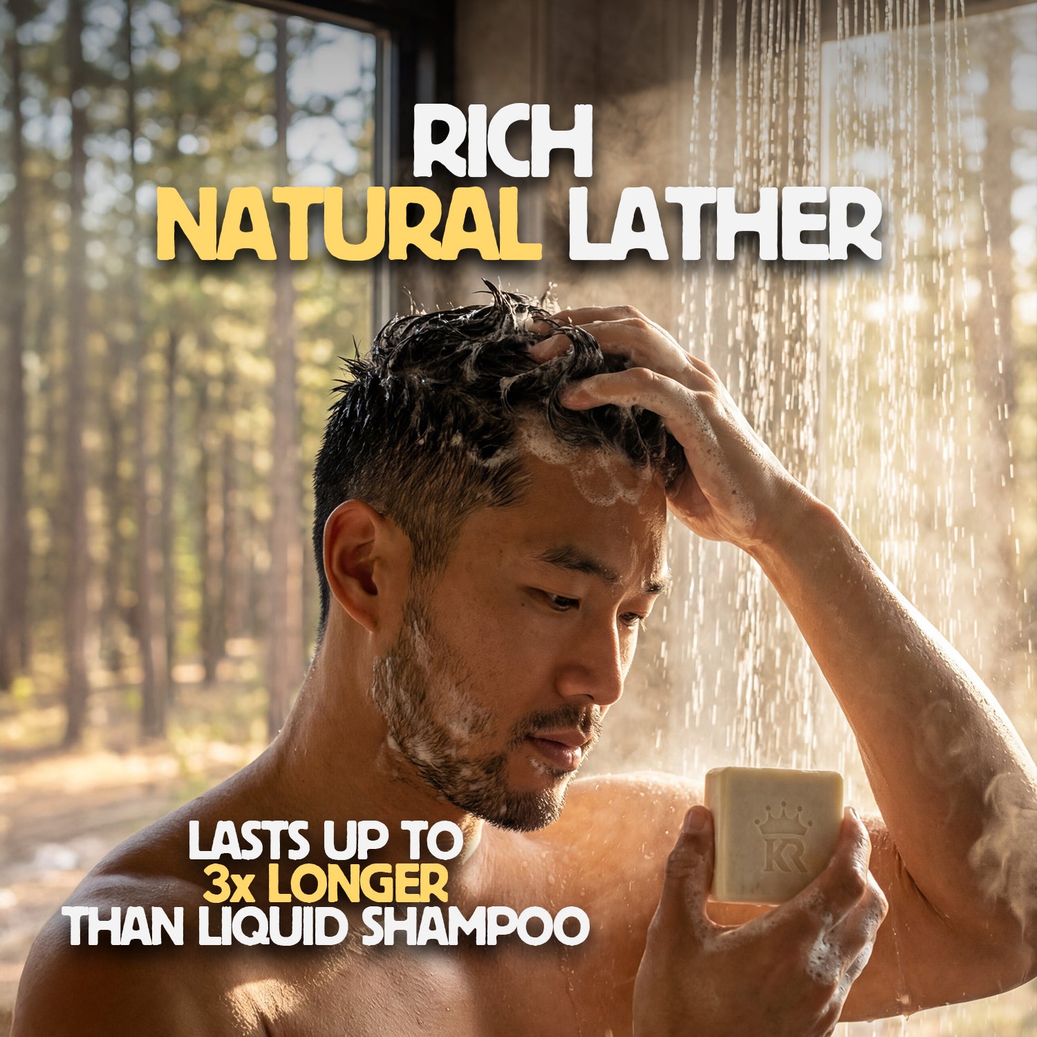 Man applying Rich Natural Lather shampoo bar in a shower with text highlighting its benefits.
