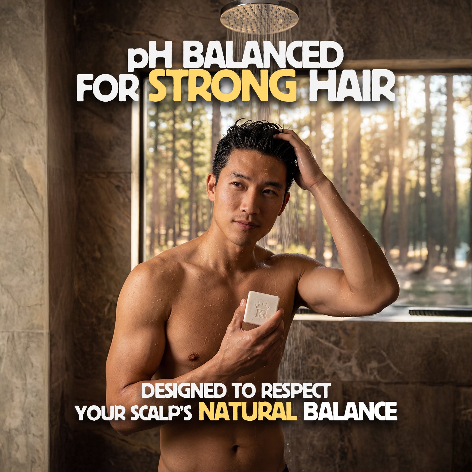 Man holding a bar of soap with text about pH balanced hair care in a bathroom setting
