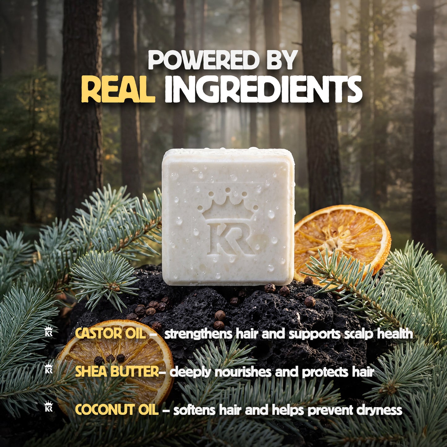 Bar of soap with ingredients listed, set against a forest background