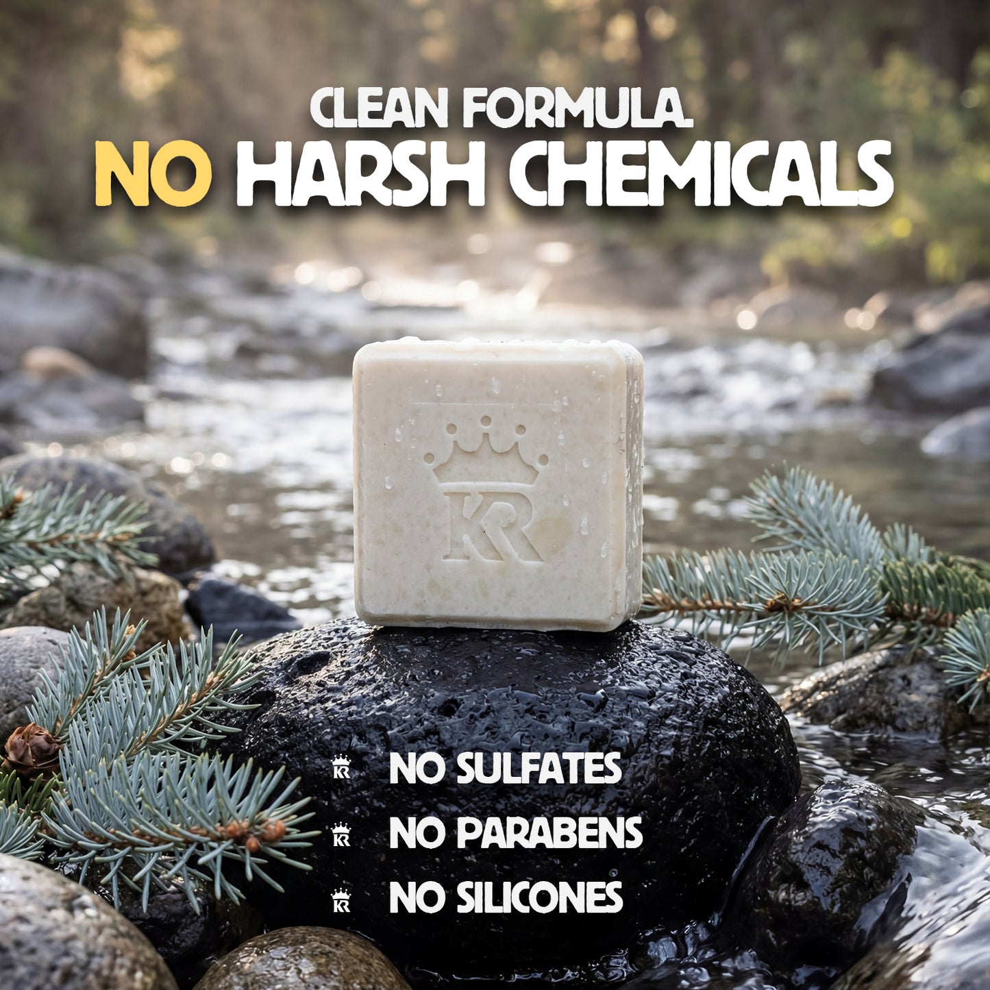 Bar of soap on a rock with a natural background and text highlighting product benefits.