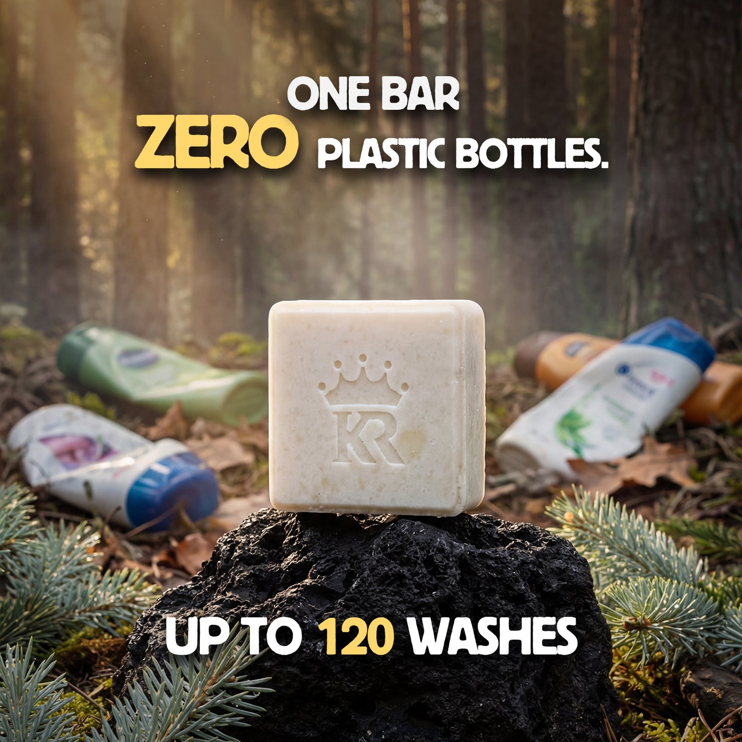 Bar of soap with a brand logo on a forest floor with plastic bottles in the background, emphasizing zero plastic bottles and 120 washes.