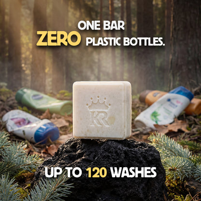Bar of soap with a brand logo on a forest floor with plastic bottles in the background, emphasizing zero plastic bottles and 120 washes.