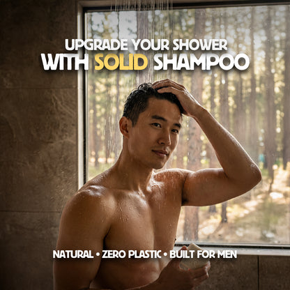 Man showering with text promoting solid shampoo, set against a window view of trees.