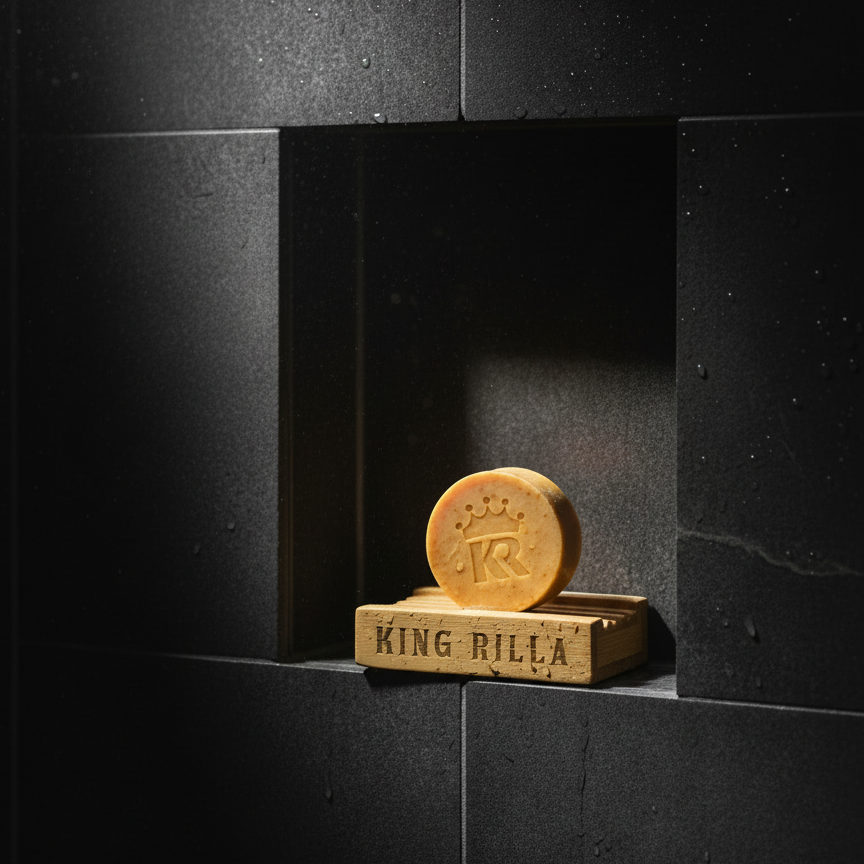 Soap bar with 'KING RILLA' branding on a dark stone background
