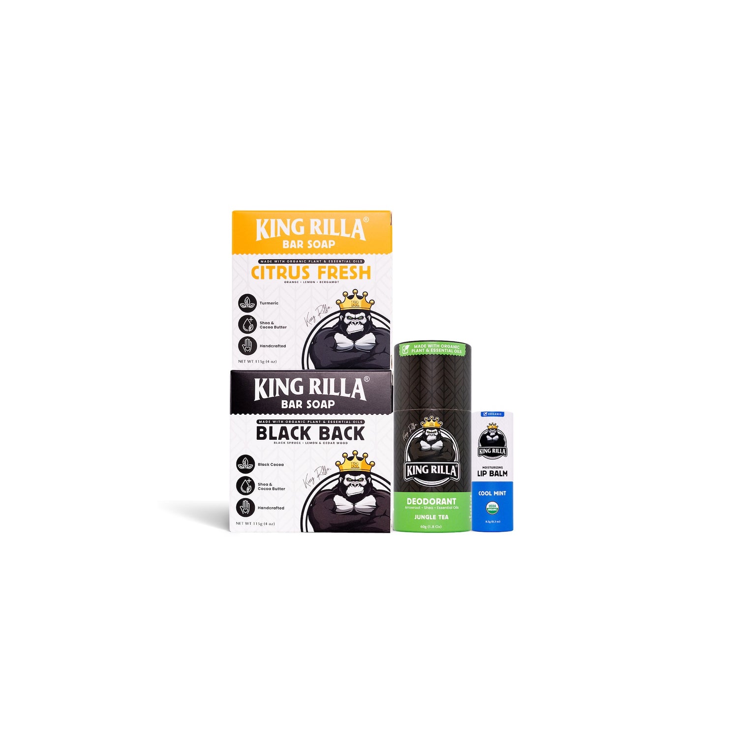 Collection of King Rilla products including bar soap and deodorant on a white background