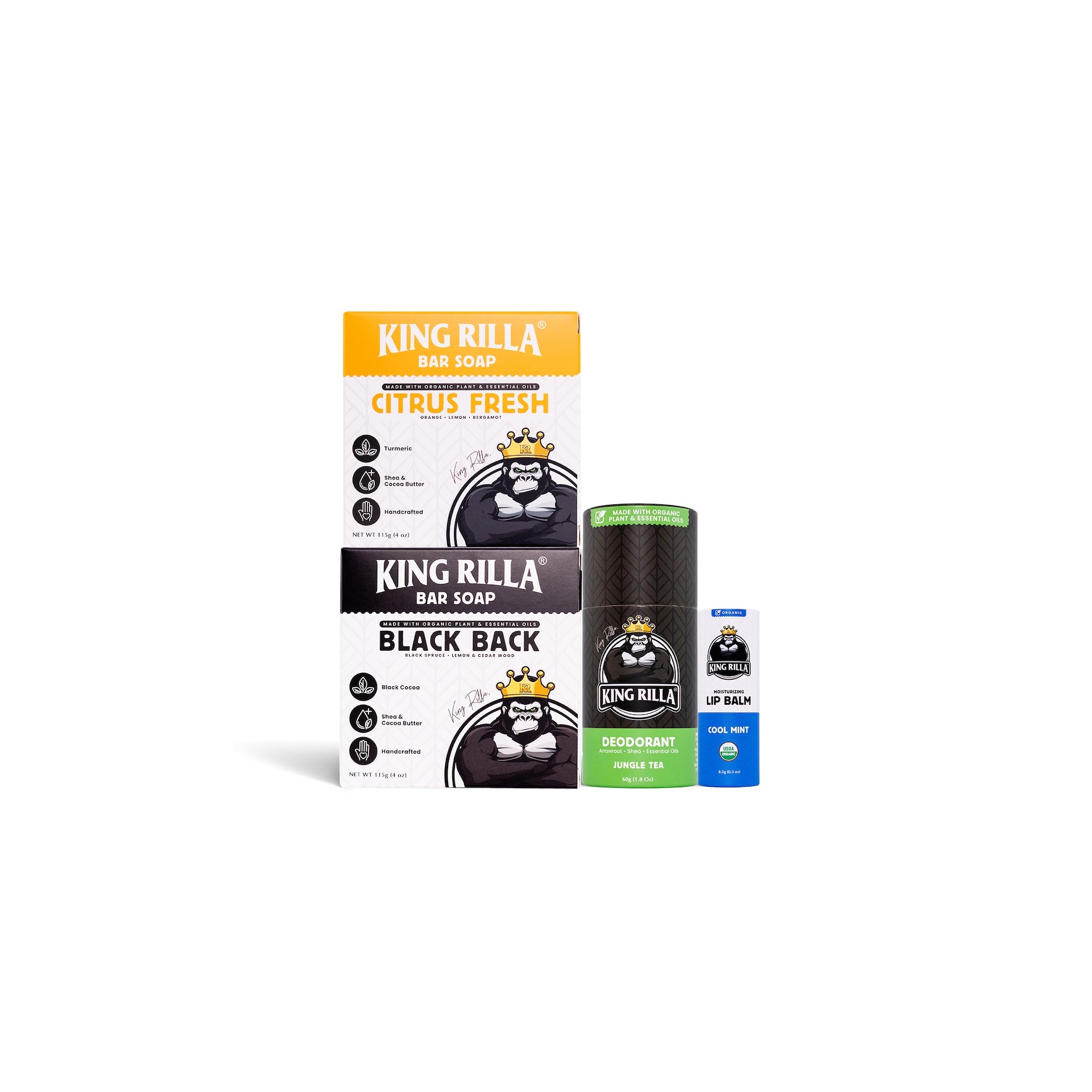 Collection of King Rilla products including bar soap and deodorant on a white background
