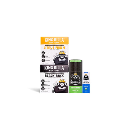 Collection of King Rilla products including bar soap and deodorant on a white background