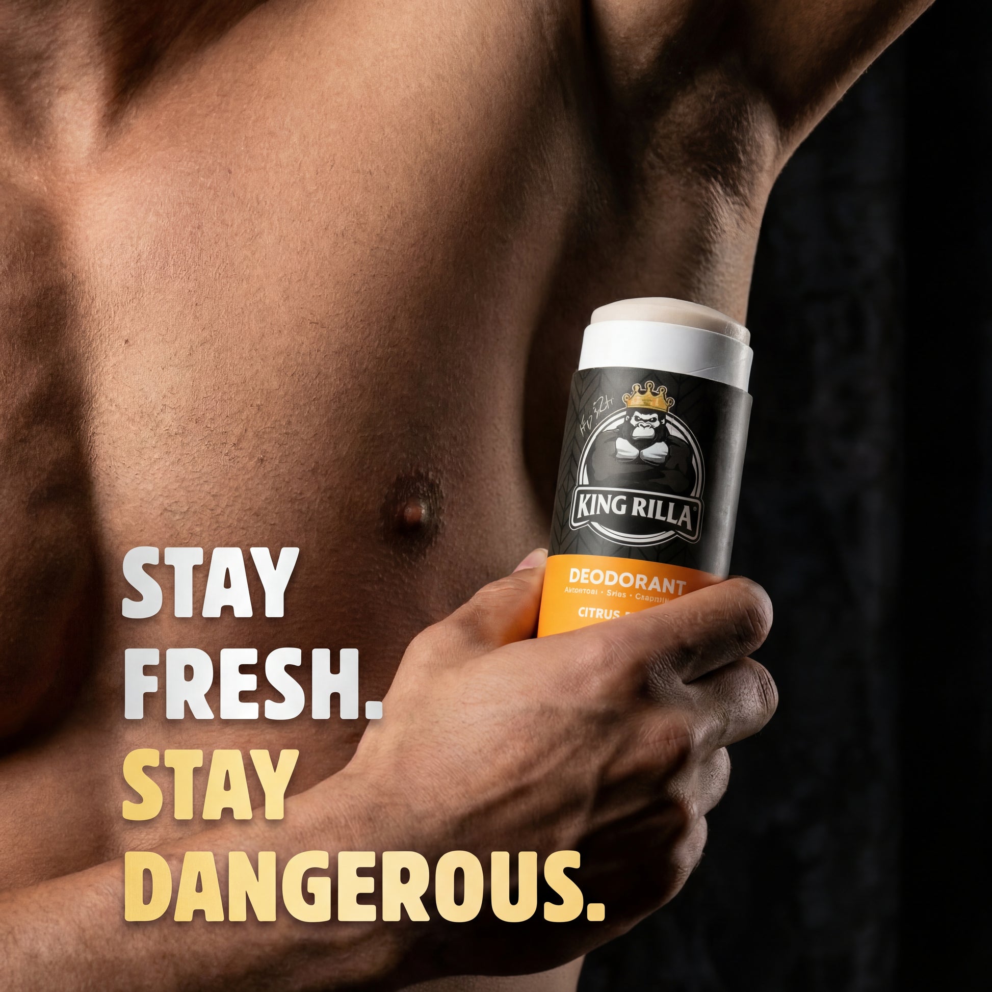 Person holding a King Rilla deodorant can with text 'Stay Fresh. Stay Dangerous.'