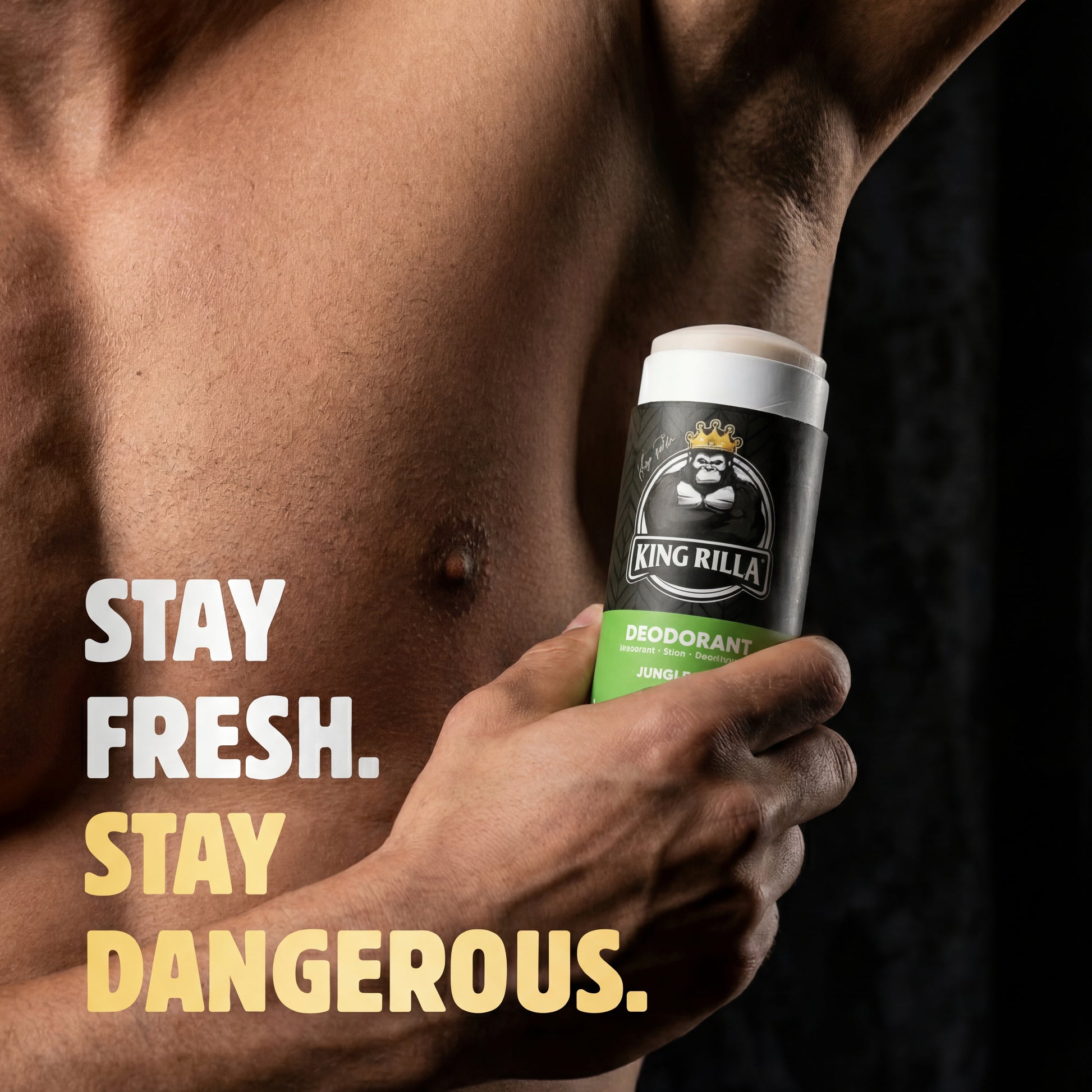 Man holding a King Rilla deodorant can with text 'Stay Fresh. Stay Dangerous.'