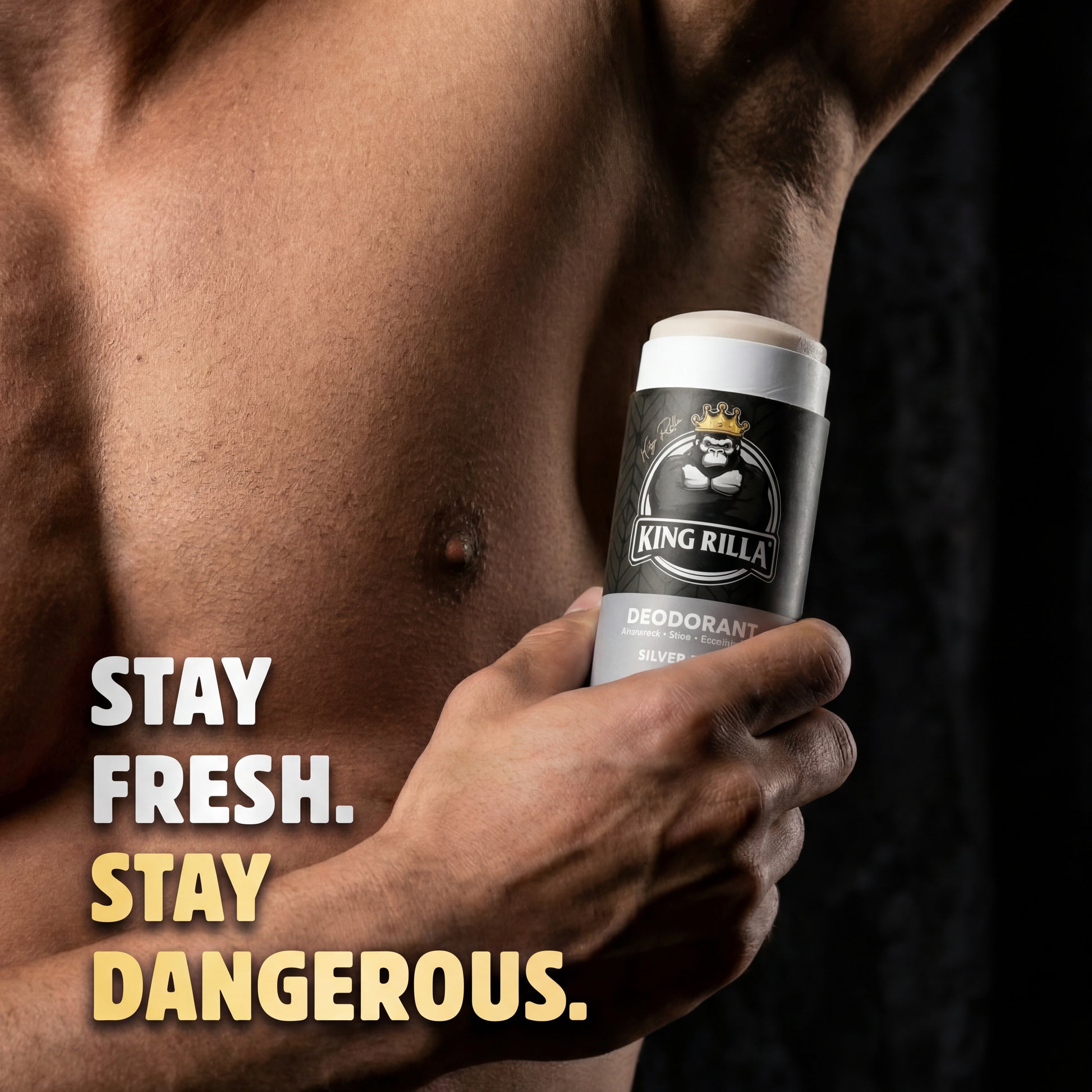 Person holding a King Rilla deodorant can with text 'Stay Fresh. Stay Dangerous.'