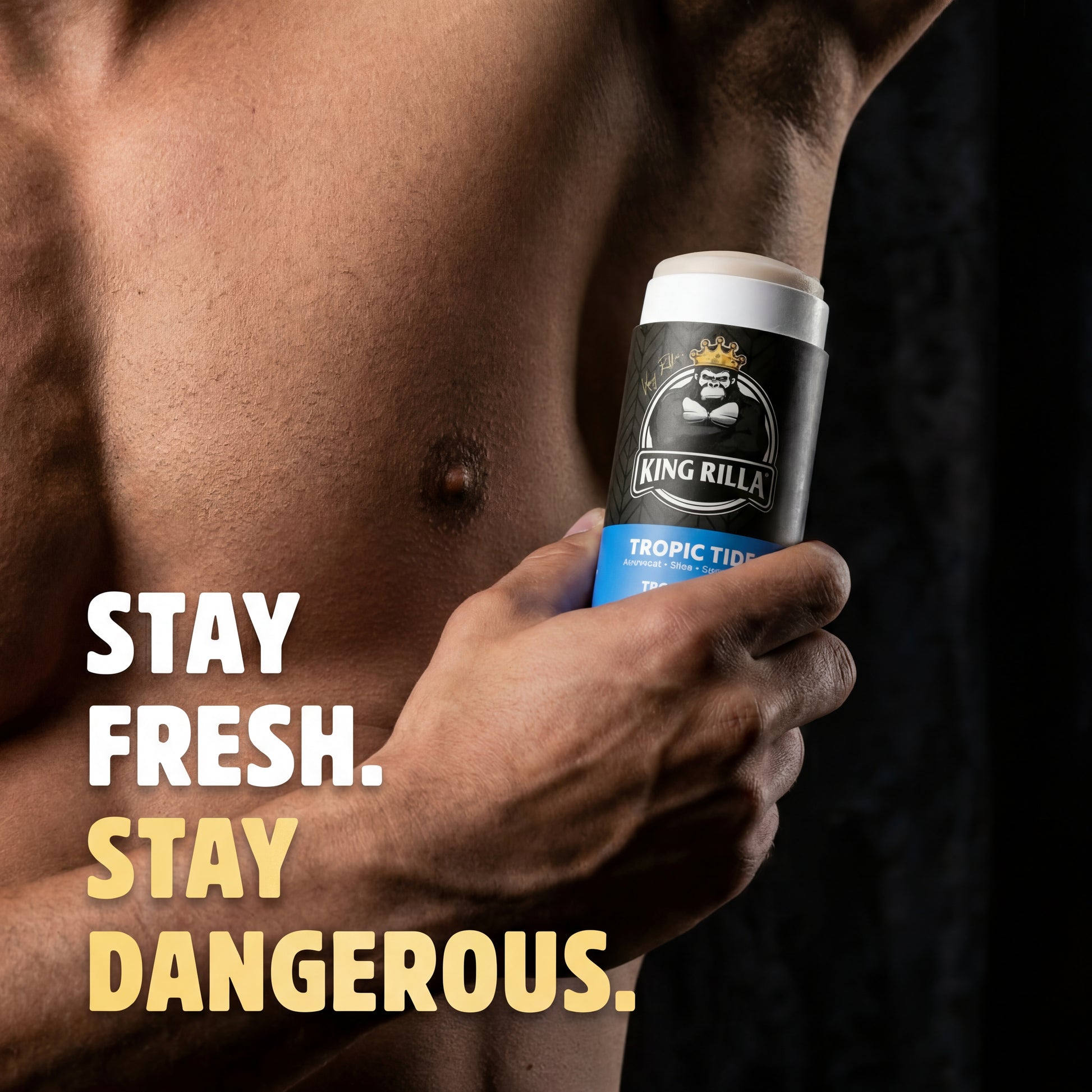 Person holding a King Rilla tropical tip deodorant can with text 'Stay Fresh. Stay Dangerous.'