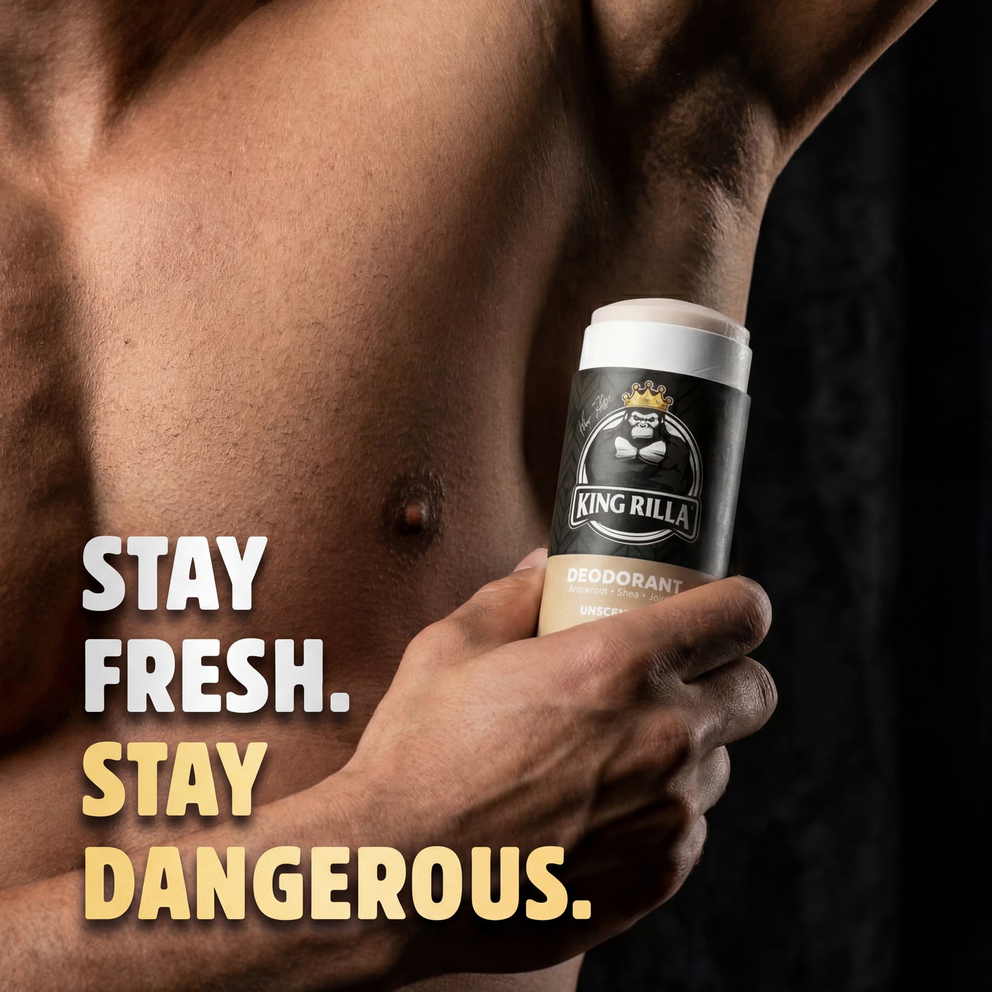 Person holding a King Rilla deodorant can with text 'Stay Fresh. Stay Dangerous.'