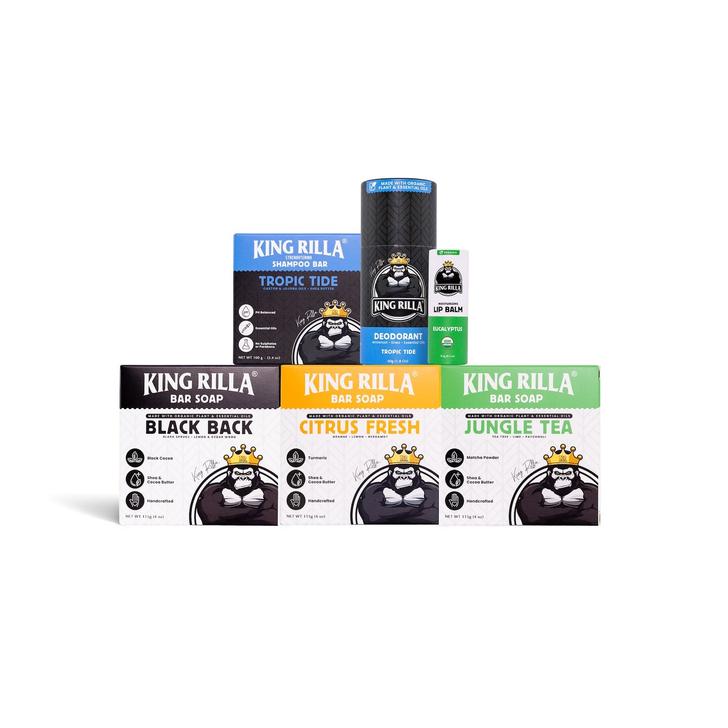 Collection of King Rilla product packaging including bar soap, lip balm, and deodorant on a white background.