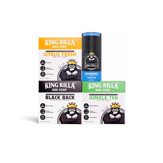Collection of King Rilla soap and deodorant packaging on a white background