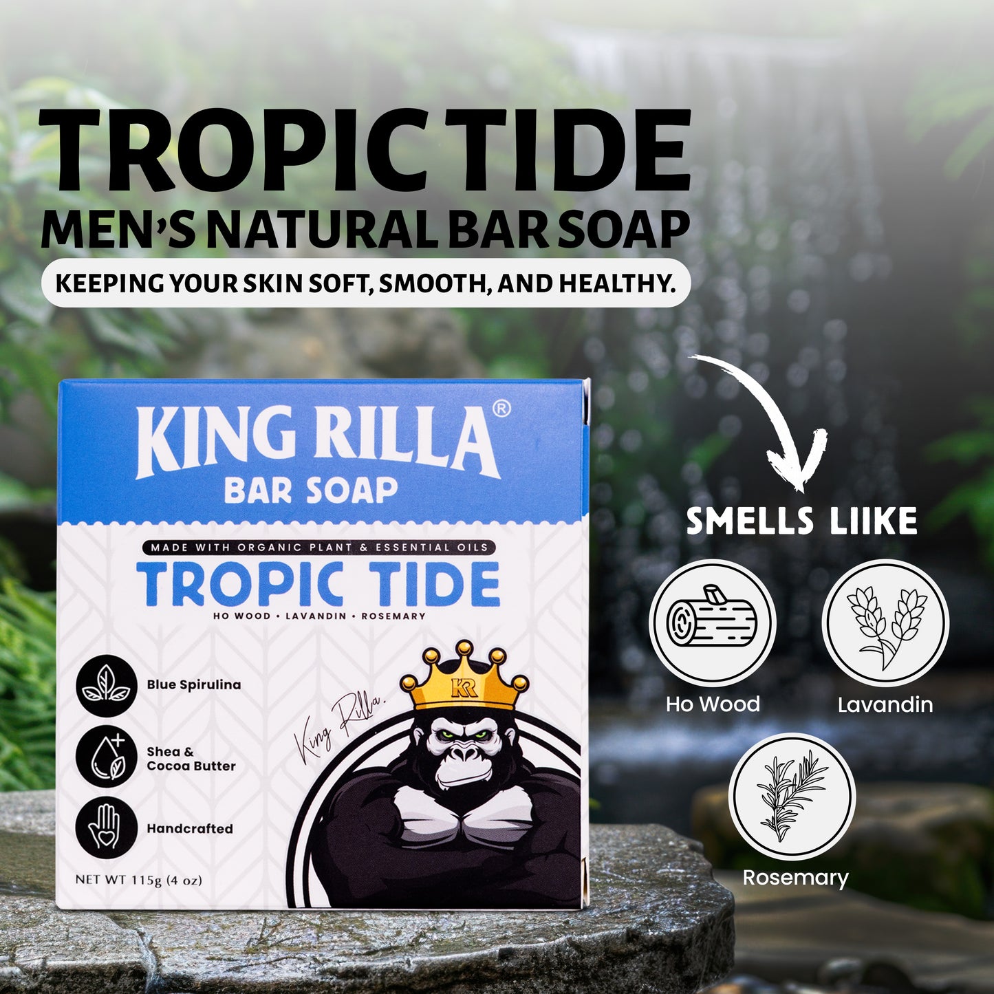 King Rilla Tropic Tide men's natural bar soap packaging with branding and product details.