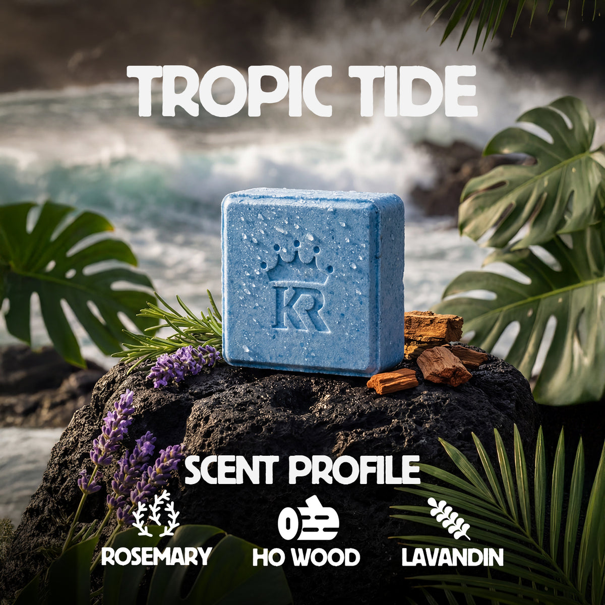 Blue soap bar on a rock with tropical foliage and water in the background, labeled 'Tropic Tide'.