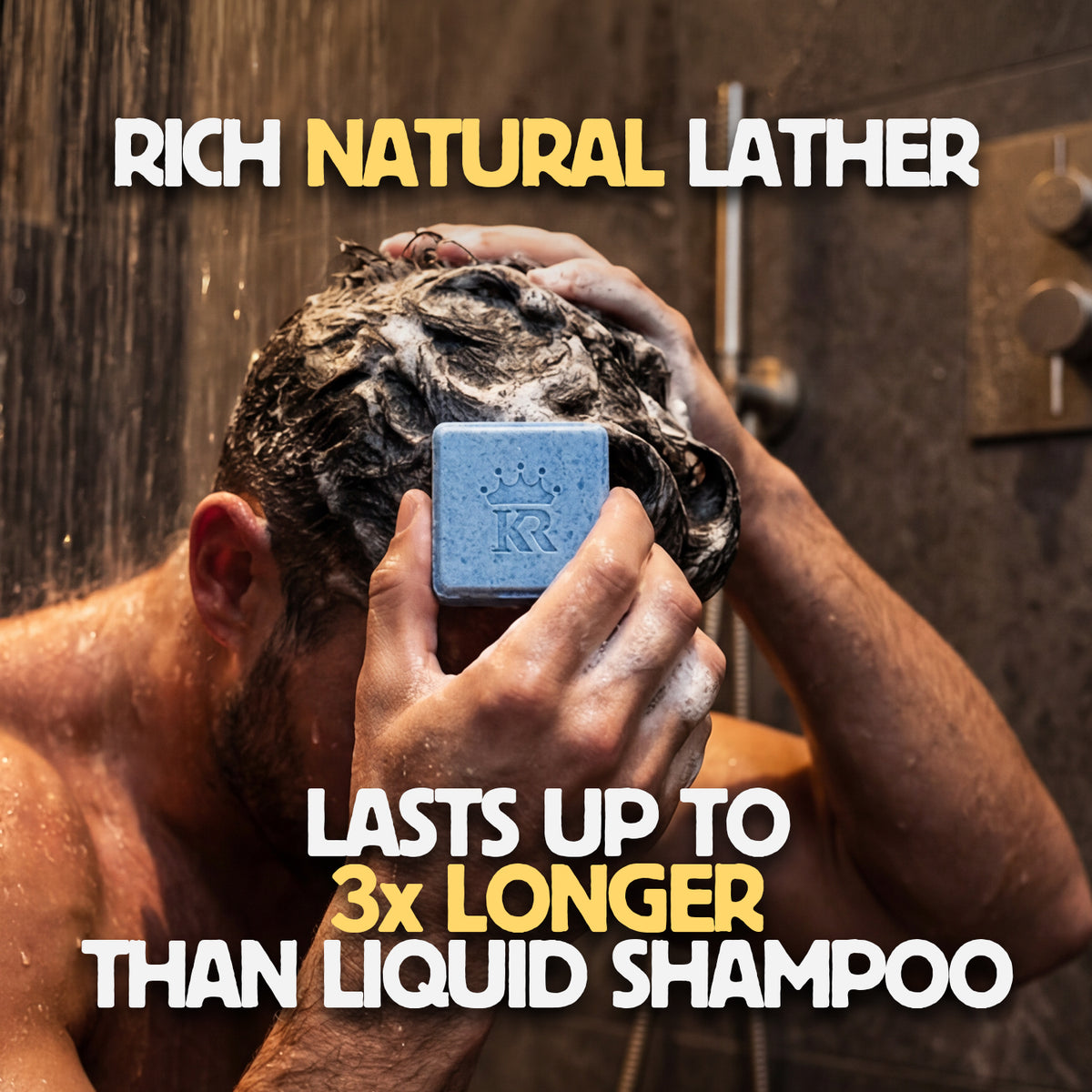 Person using a bar of soap to wash hair with promotional text for 'Rich Natural Lather'.