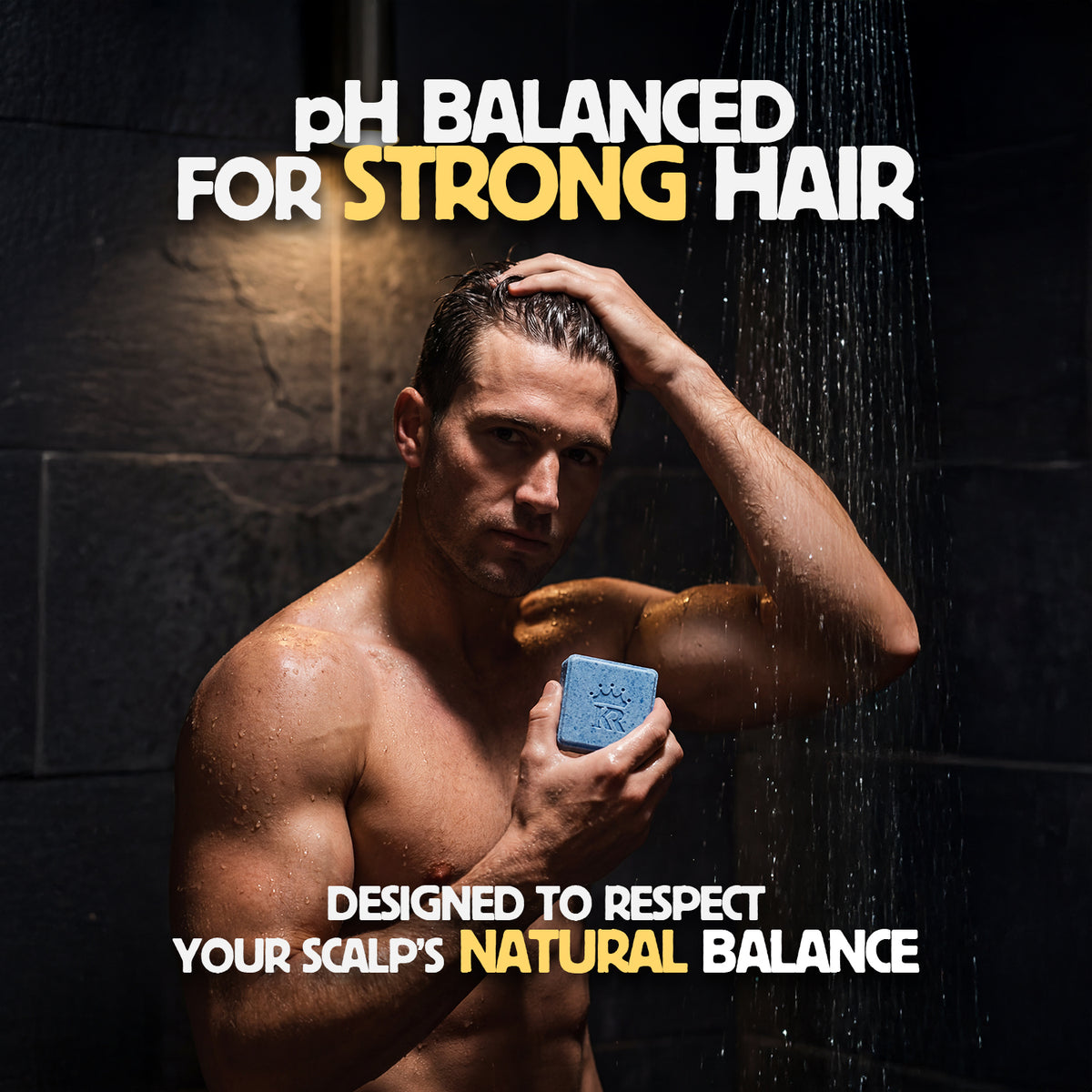 Man in shower holding a bar of soap with text about pH balanced hair care.