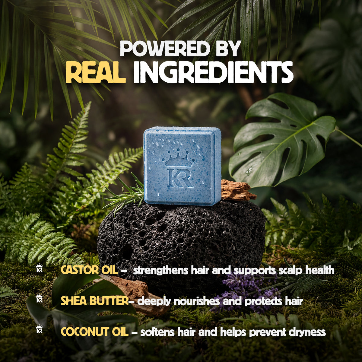Blue bar of soap on a bed of leaves with text about real ingredients and benefits.