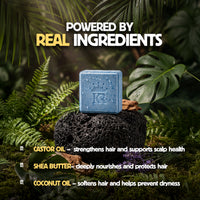 Blue bar of soap on a bed of leaves with text about real ingredients and benefits.