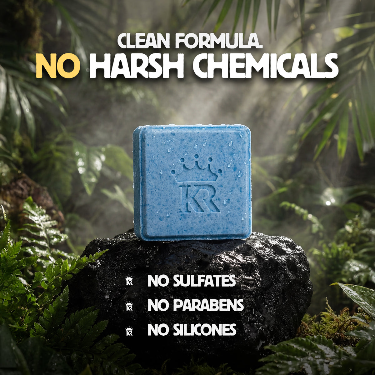 Blue bar of soap on a rock with green foliage in the background, featuring the text 'Clean Formula. No Harsh Chemicals.'