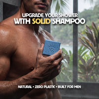 Man holding a blue bar of solid shampoo with text promoting it as an upgrade for showers.