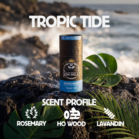 Deodorant can labeled 'King Rilla' on a rocky beach with tropical foliage and 'Tropic Tide' branding.