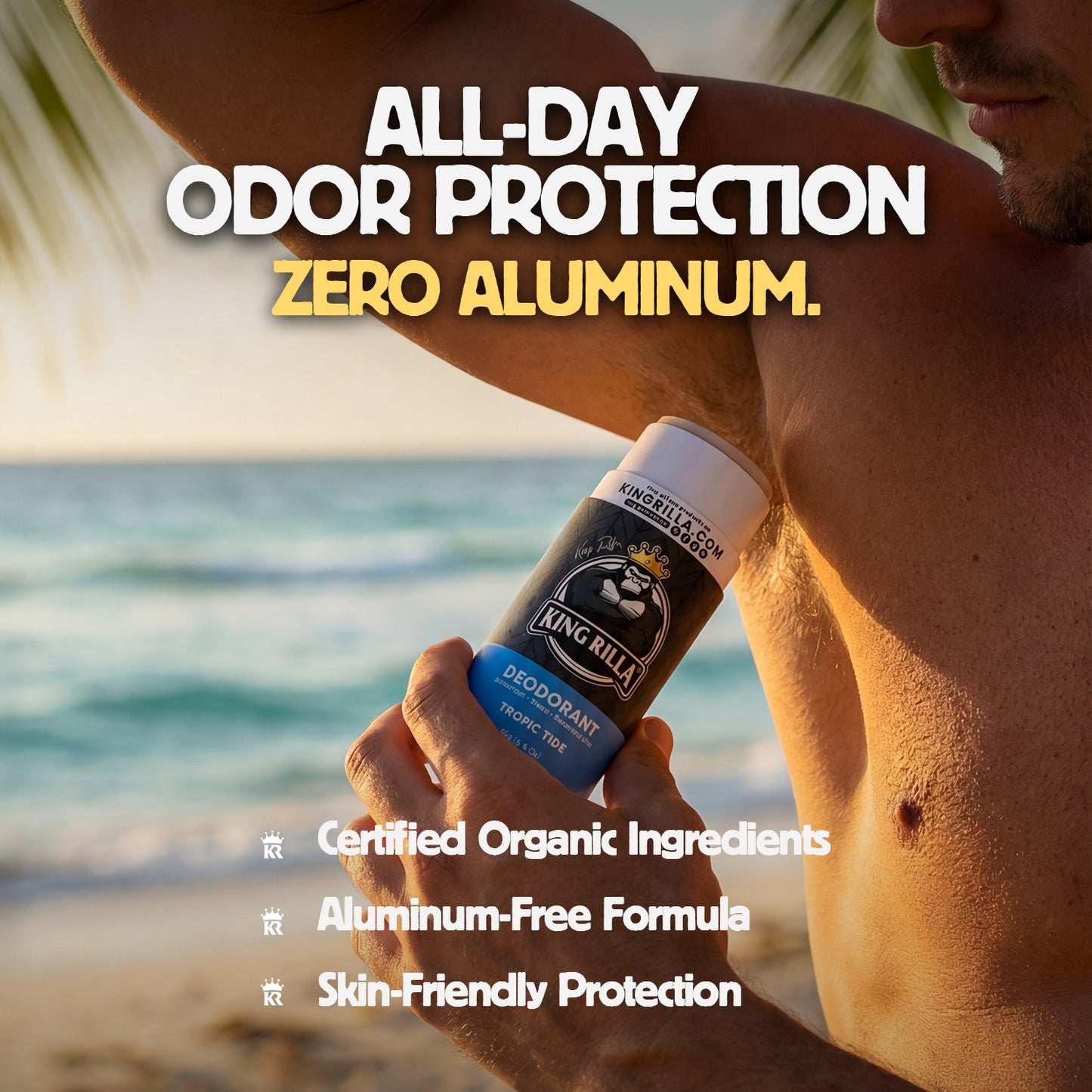 Man applying King Rila deodorant on a beach with text about all-day odor protection and zero aluminum.