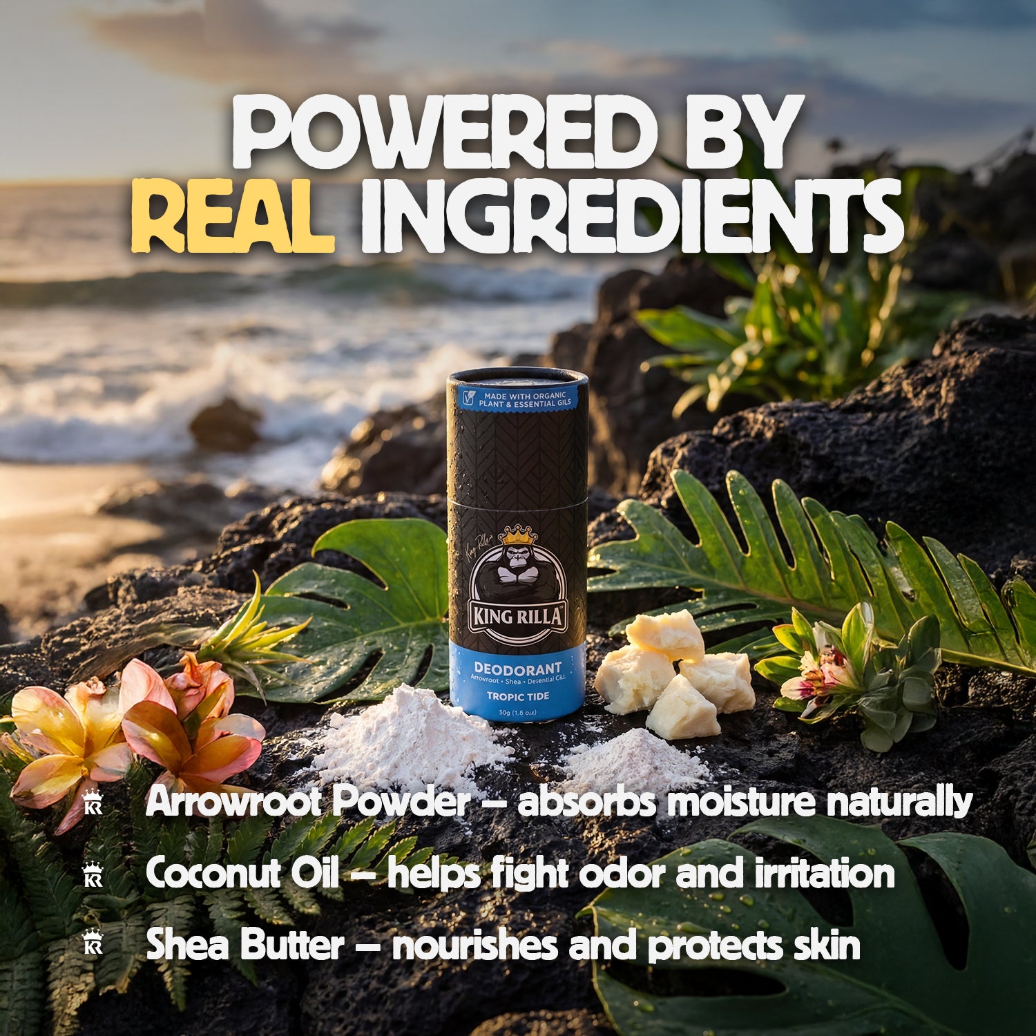 Deodorant can on a rock with natural ingredients and ocean view