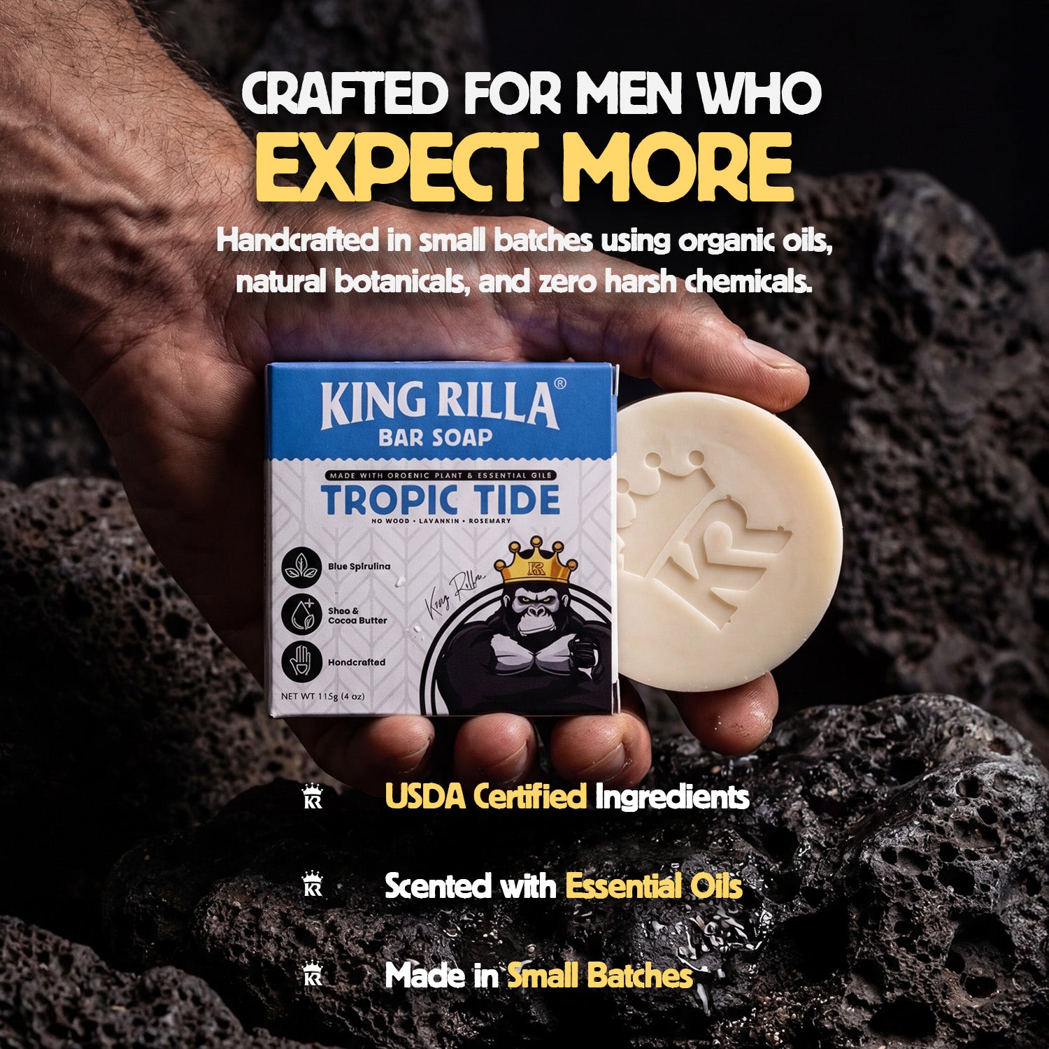 King Rilla Tropic Tide bar soap held by a hand with promotional text on a dark background