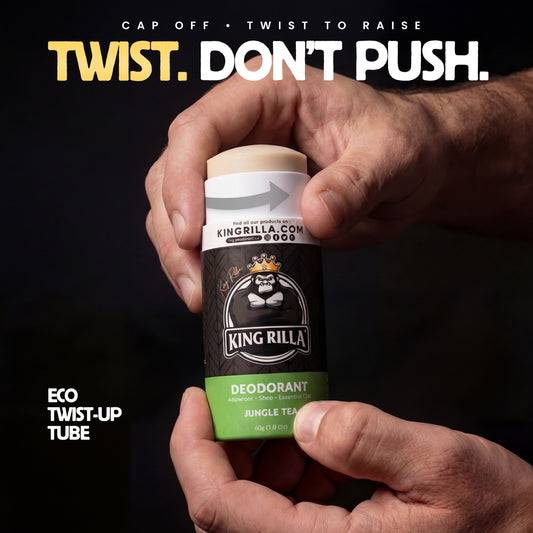 Hand holding a King Rilla deodorant stick with text 'Twist. Don't Push.' on a black background.