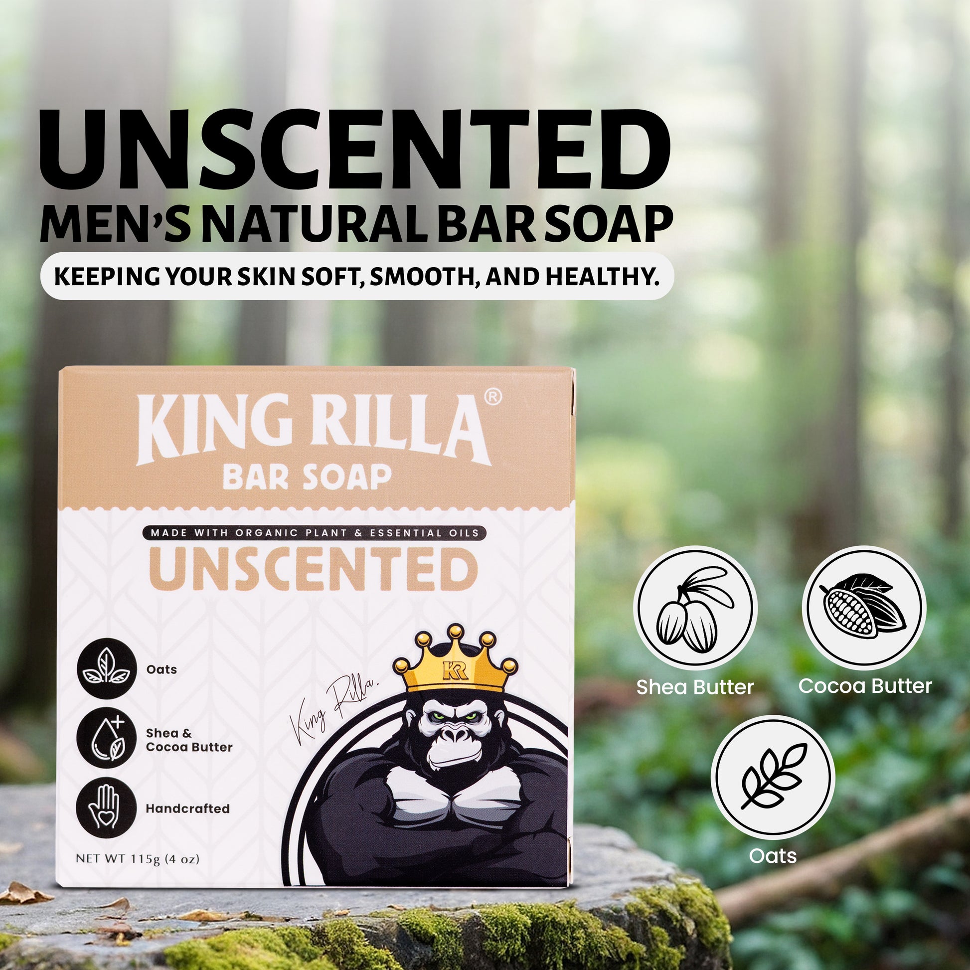 King Rilla Unscented Men's Natural Bar Soap packaging with forest background