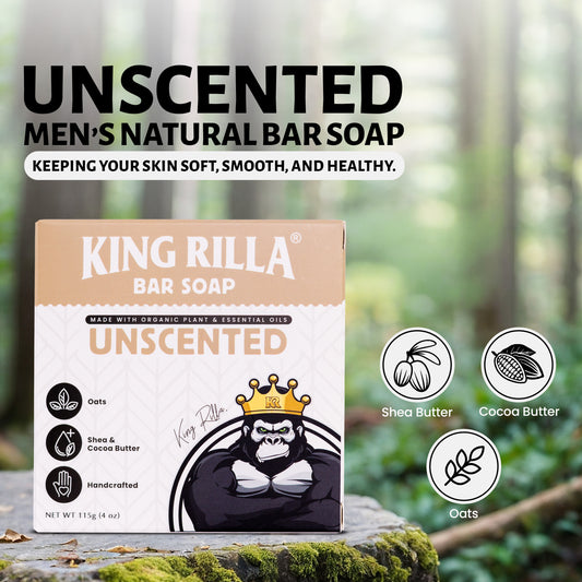 King Rilla Unscented Men's Natural Bar Soap packaging with forest background