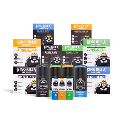 Collection of King Rilla skincare products including bars, soaps, and lotions on a white background.
