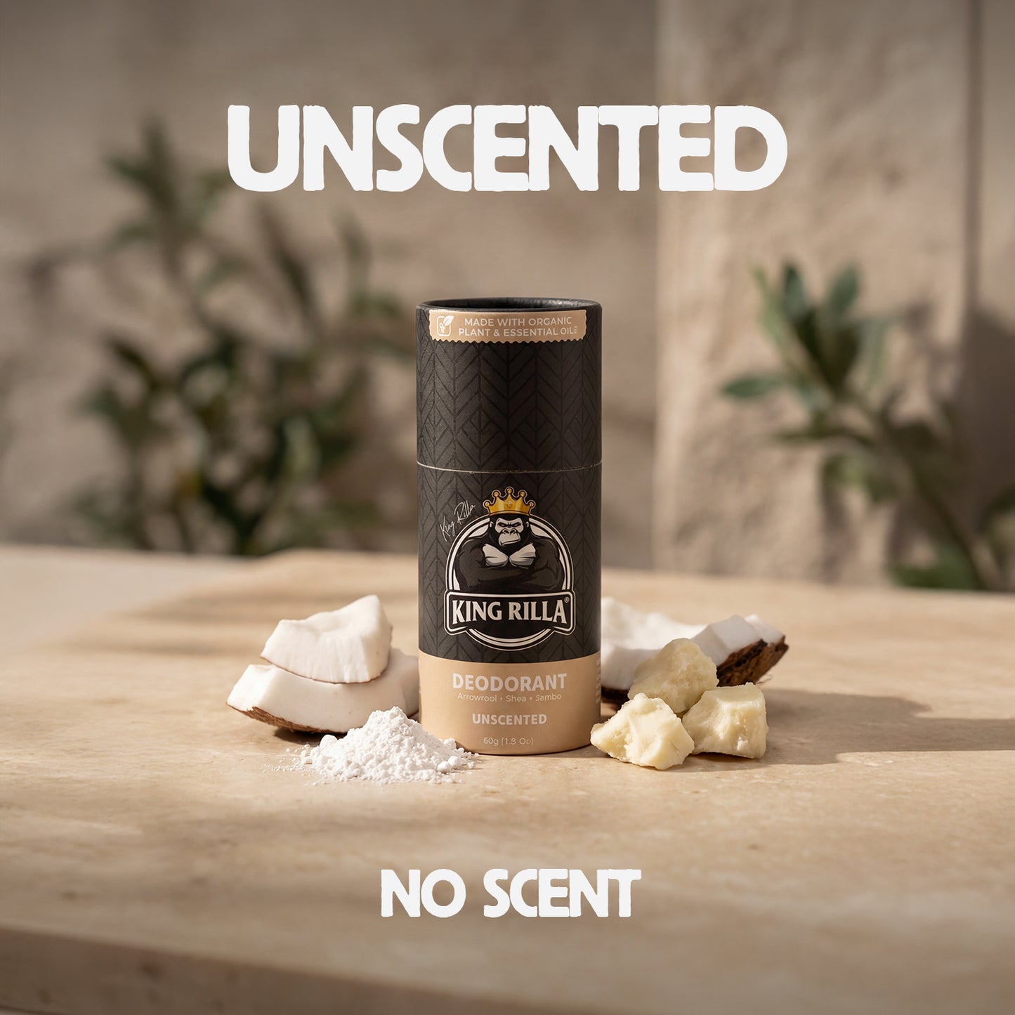 Unscented deodorant container with natural ingredients on a wooden surface