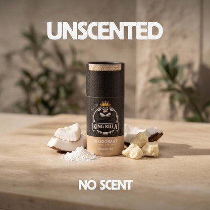 Unscented deodorant container with natural ingredients on a wooden surface