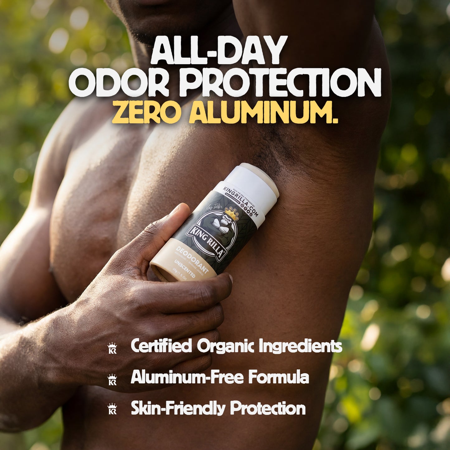 Person applying King Killa deodorant stick on arm with text about all-day odor protection and zero aluminum.