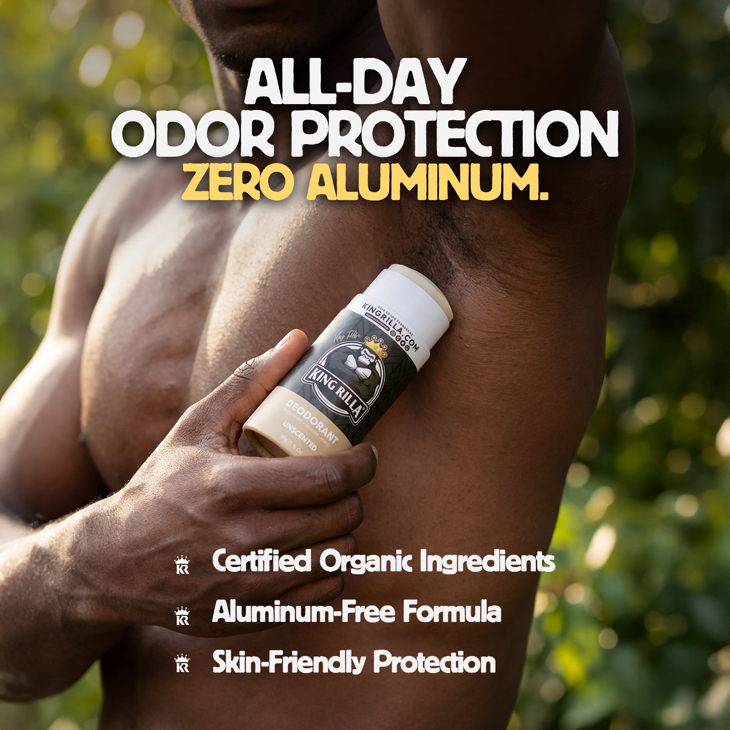 Person applying King Killa deodorant stick on arm with text about all-day odor protection and zero aluminum.