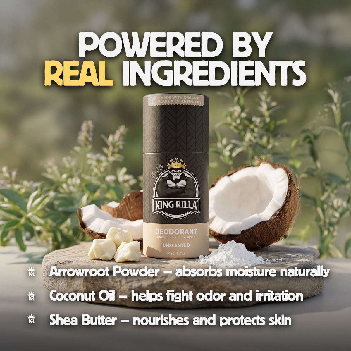 King Rilla deodorant with coconut and arrowroot powder on a natural background