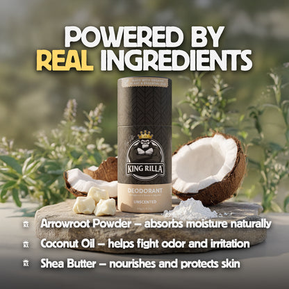 King Rilla deodorant with coconut and arrowroot powder on a natural background