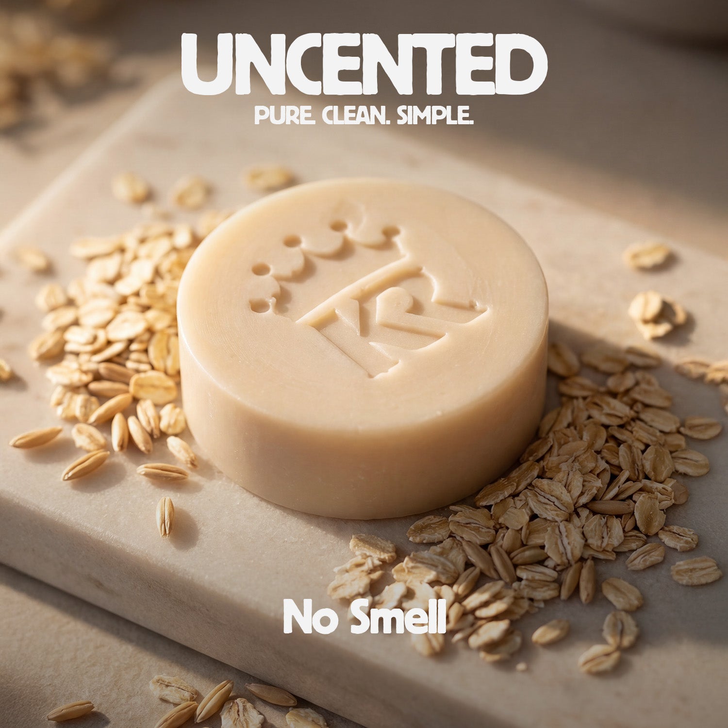 Bar of soap with oats on a stone surface, featuring the brand 'Uncented'.