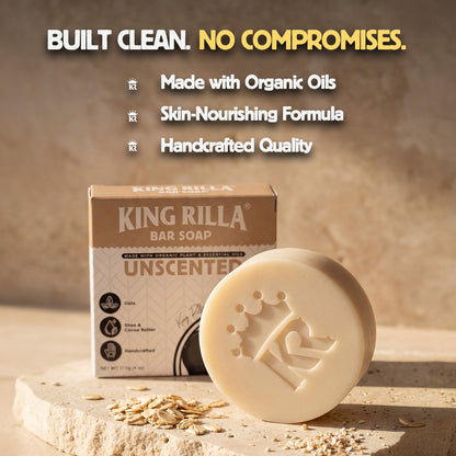 King Rilla bar soap with packaging on a wooden surface, featuring organic and handcrafted qualities.