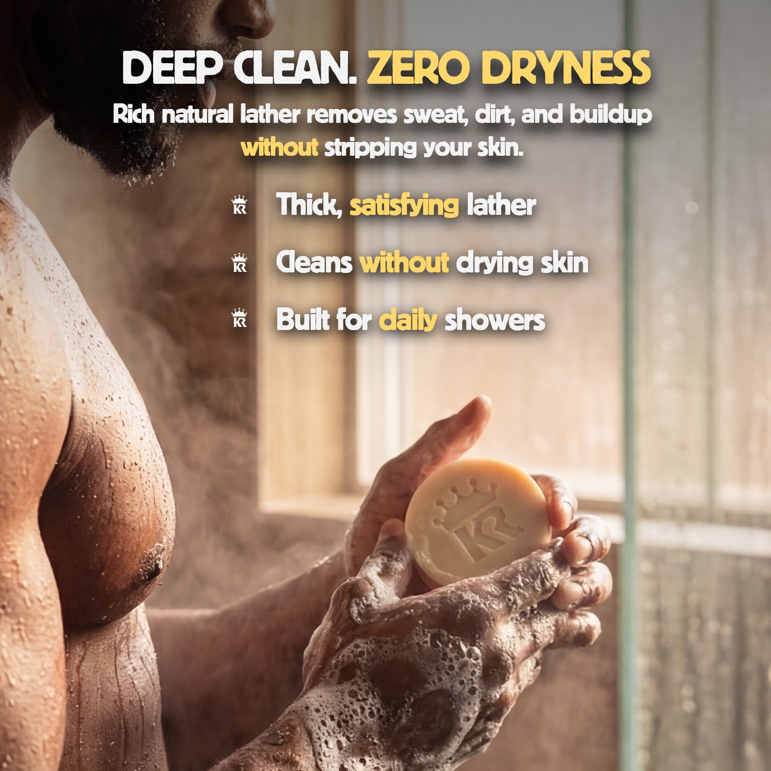 Person holding a bar of soap with text about deep cleaning and zero dryness.