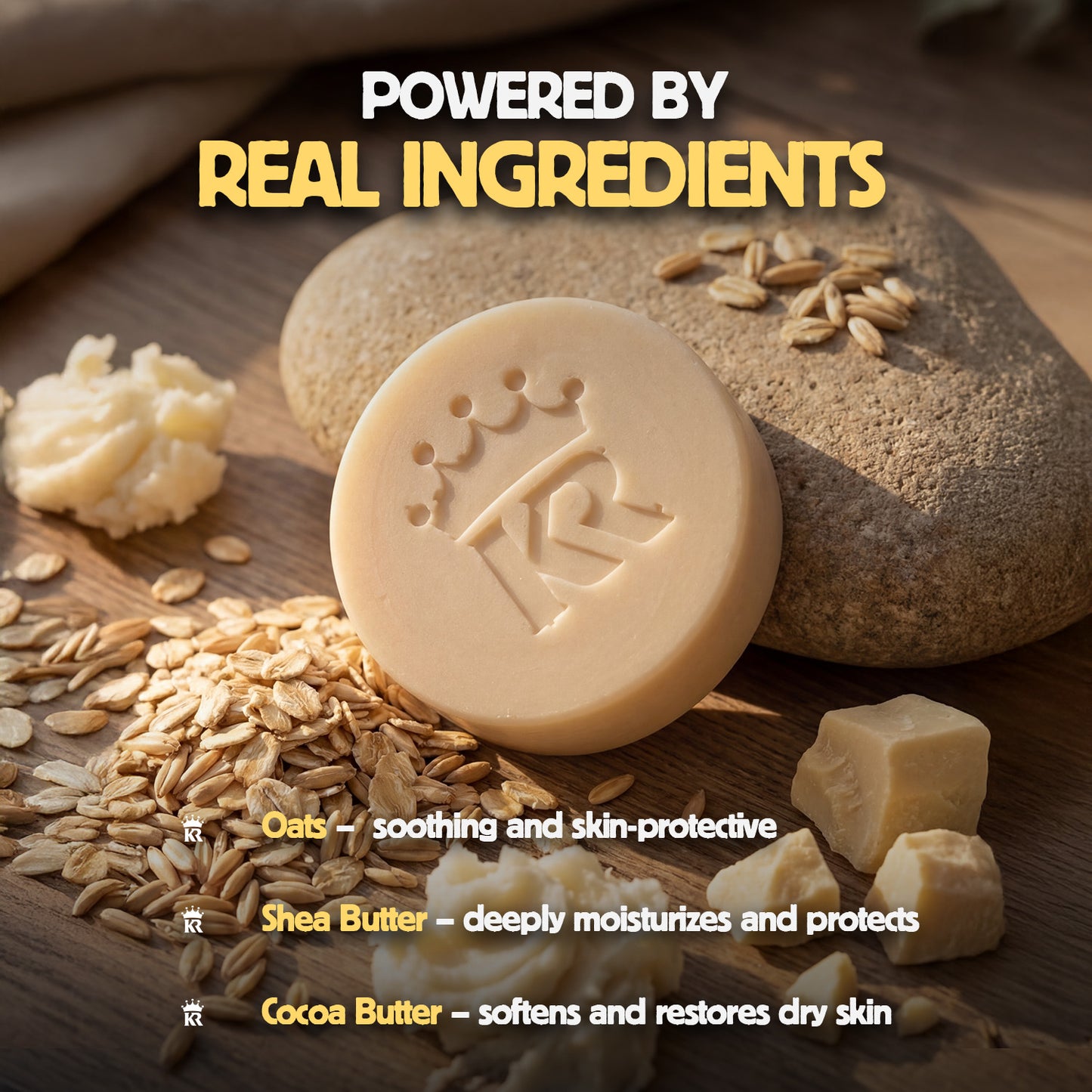 Bar of soap with natural ingredients on a wooden background, emphasizing real ingredients.