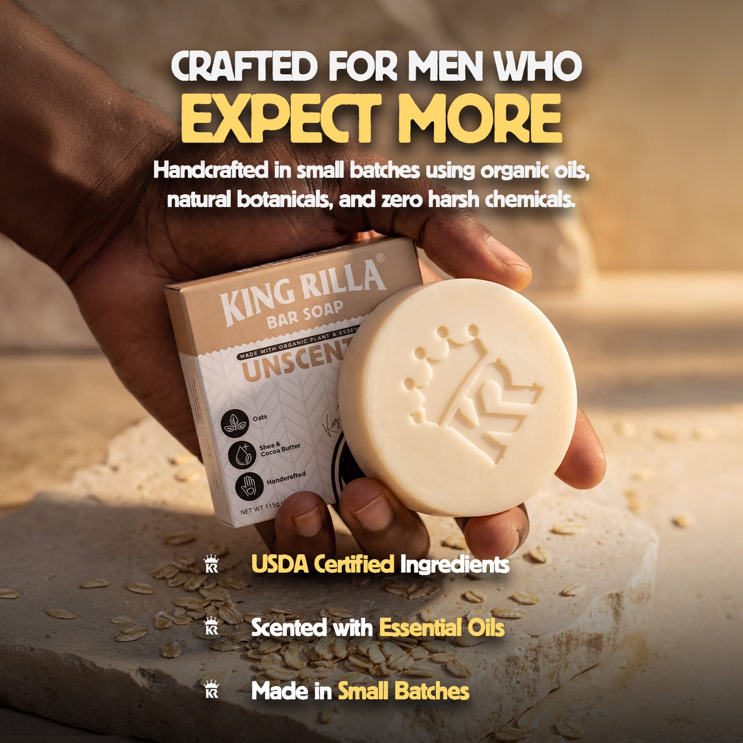 Hand holding King Rilla bar soap with product packaging, set against a neutral background.