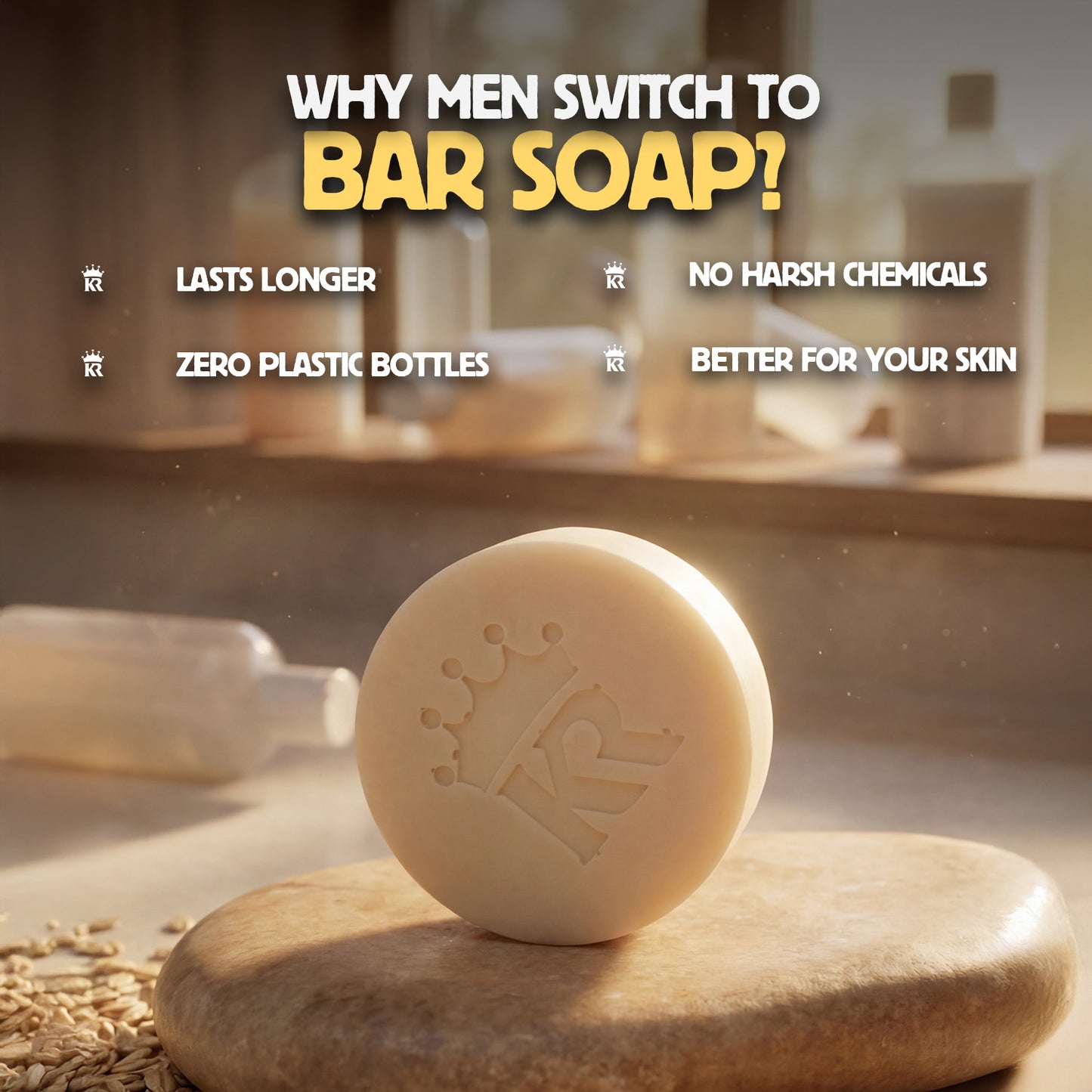 Bar of soap on a stone surface with promotional text about switching to bar soap.