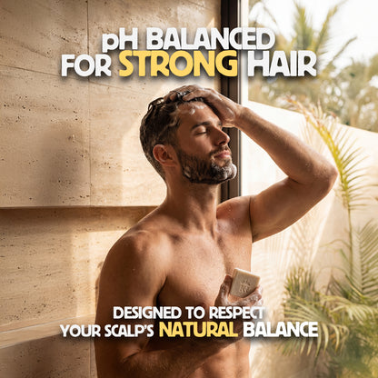 Man washing his hair with a shampoo bar in a bathroom setting, with text about pH balanced hair care.